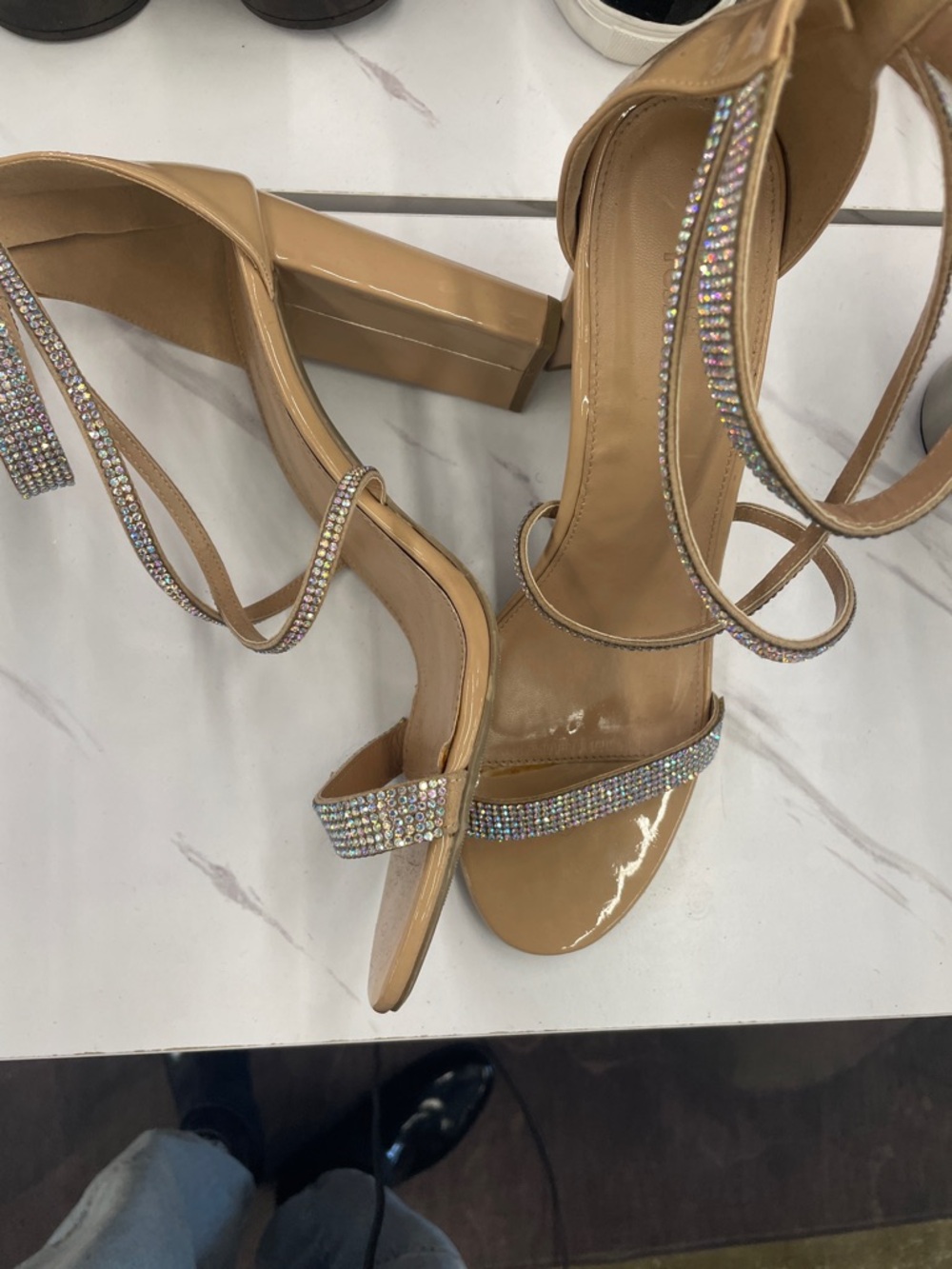 Women’s Nude Patent Block Heel Sandals with Rhinestone Straps